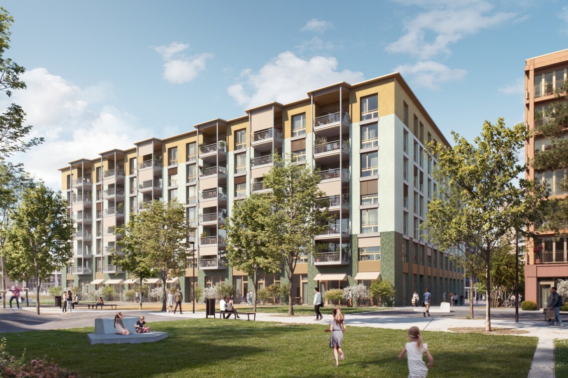 Das Foto zeigt das Haus Weiler, einen Neubau. Es hat sieben Stockwerke und verschiedene Farben.